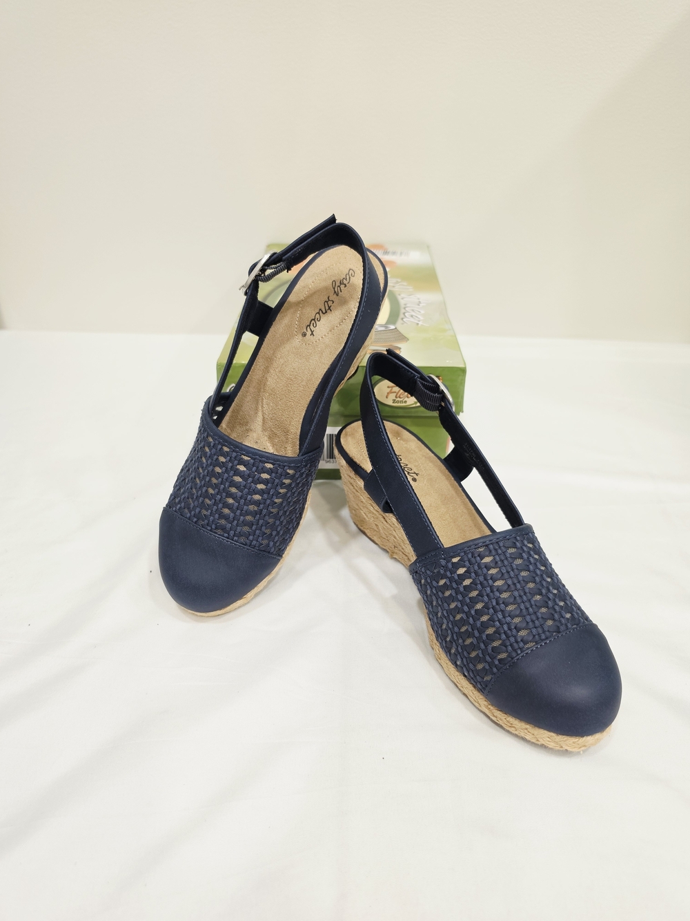 easy street Navy Taffy Woven Slingback Wedge Sandals
